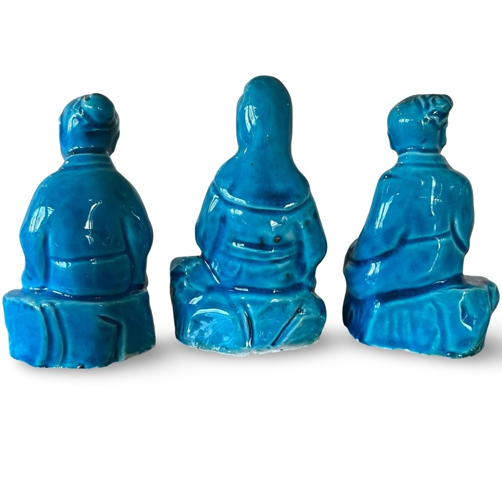 Vintage Cyan Blue Chinoiserie 3 Immortals Statues - Picture 2 of 4